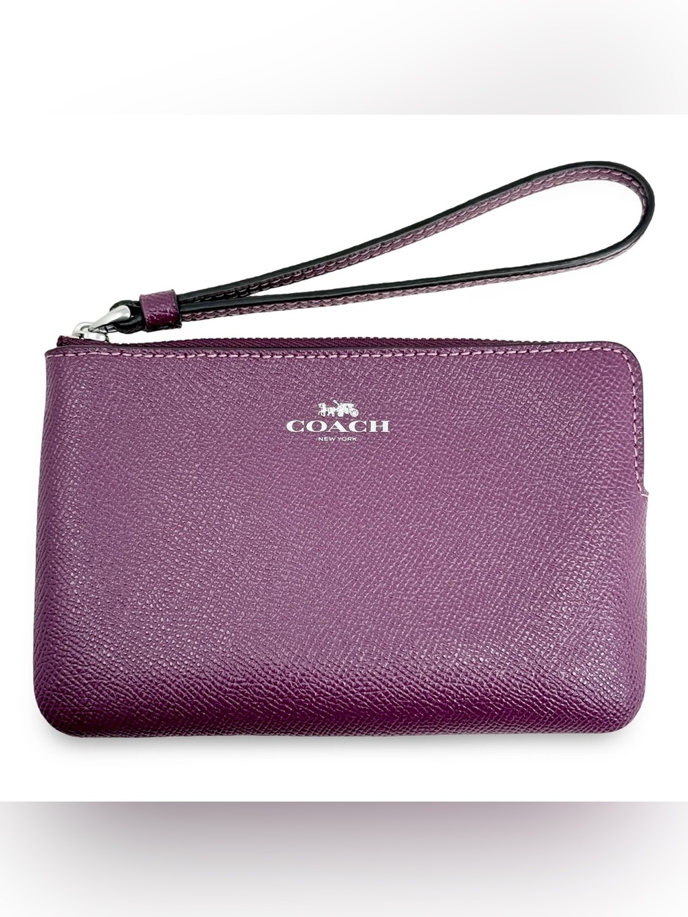 COACH Corner Zip Crossgrain Leather Wristlet in Purple